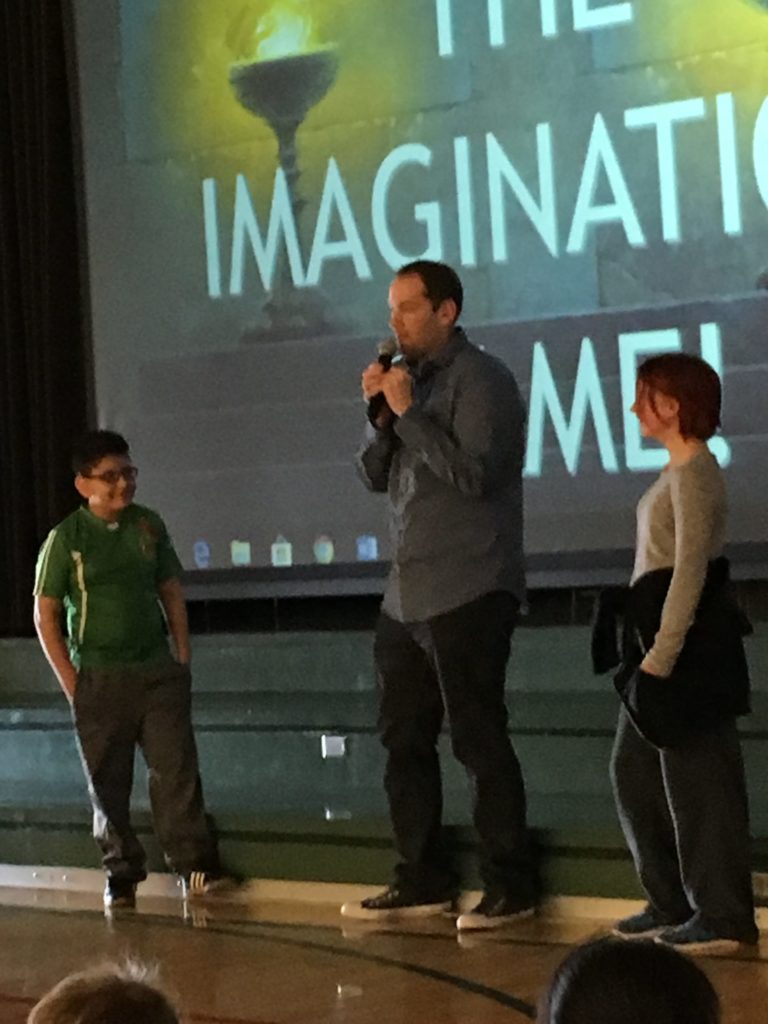 Author Brandon Mull presents to students at West Valley Elementary
