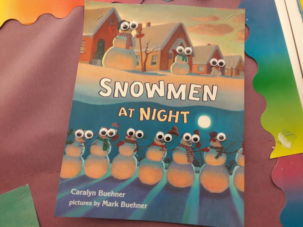 Detail of googly eyes from "Look for a Good Book" Library Bulletin Board at Monroe Elementary, by media clerks Nanette Warr and Susan Brough 