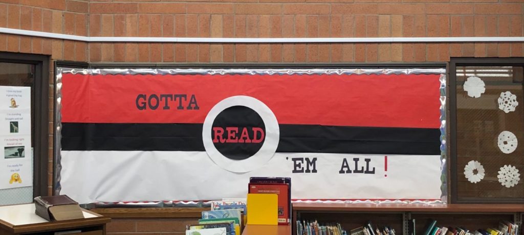 Pokemon "Gotta Read 'Em All!" Library Bulletin Board at Silver Hills Elementary, by media clerk Clerice Hampton