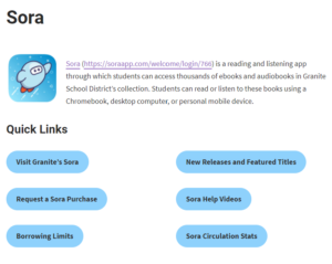 Screenshot of sora.edtech.fun, web page with links and helps for Sora in Granite School District