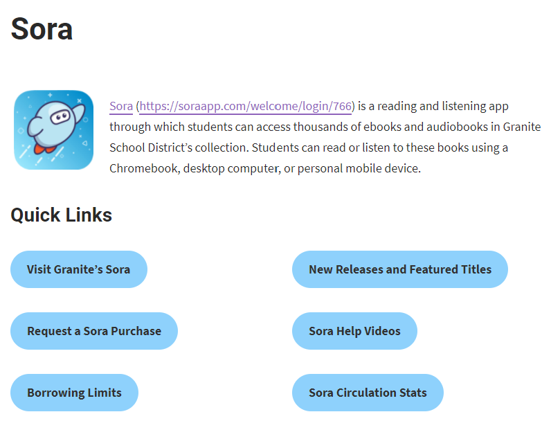 Granite’s Sora Help Page and Quick Links (https://www.graniteschools.org/edtech/sora/) – Screenshot