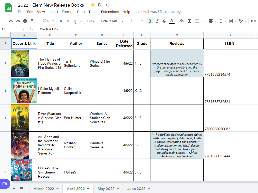 2022 Elementary New Release Books Spreadsheet - 20220323 - Screenshot