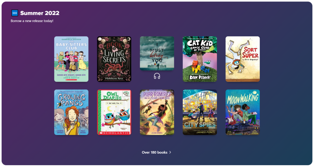 New - Summer 2022 collection banner featuring various book cover images - "Borrow a new release today! - Over 180 books"