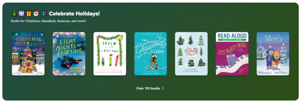 Screenshot of 'Celebrate Holidays!' collection ribbon in Sora, feature covers of several Christmas and Hanukkah books.