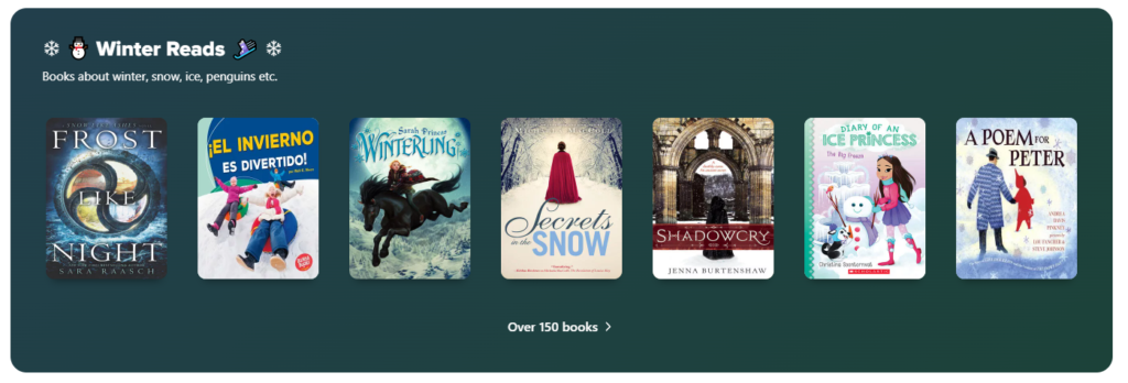 Screenshot of 'Winter Reads' collection ribbon in Sora, feature covers of several books with Winter settings or themes.