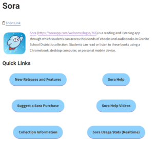 Screenshot of quick links on the Granite Sora information page - https://www.graniteschools.org/edtech/sora/