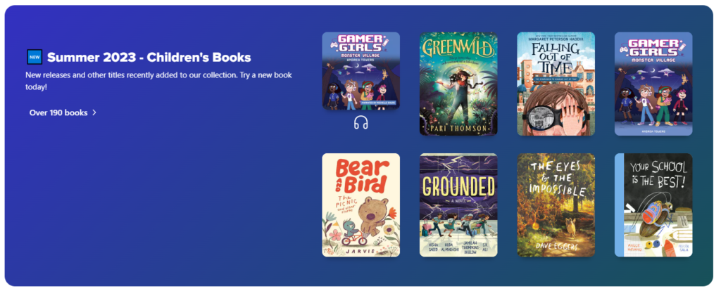 New Summer 2023 Children's Books - Screenshot of Sora Collection Ribbon with book cover images