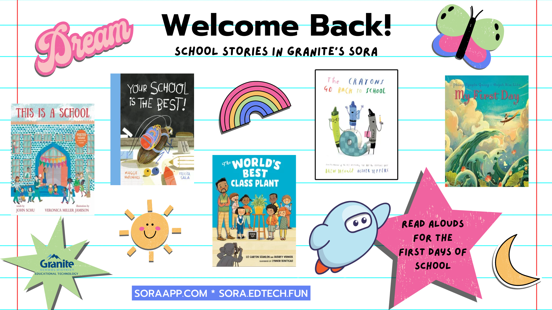 Cafegymatorium Lifestyle
School Stories
In Granite's Sora
soraapp.com * sora.edtech.fun
[Image in notebook page style with decorative stickers and cover images of recent-release back to school picture books]