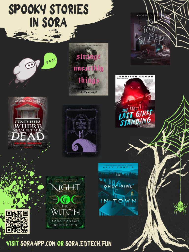 Image shows book cover images of various recent releases in Granite's Sora available for secondary students, the Sora mascot as ghost saying boo, acreepy dead tree, and a spider and web.